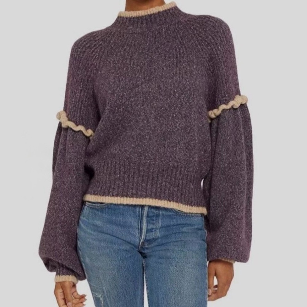Joie Shiloh Sweater Purple Wool Blend Puff Sleeve Ruffle Ribbed Knit XL